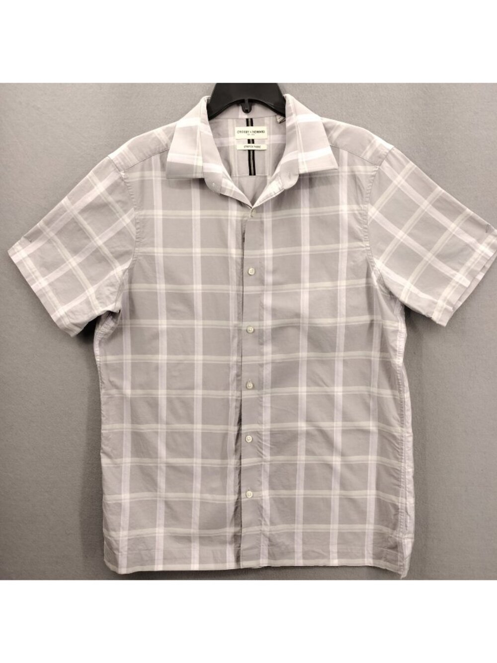Crosby & Howard Short Sleeve Shirt Mens L Grey Pastel Lillac Plaid Cotton Blend